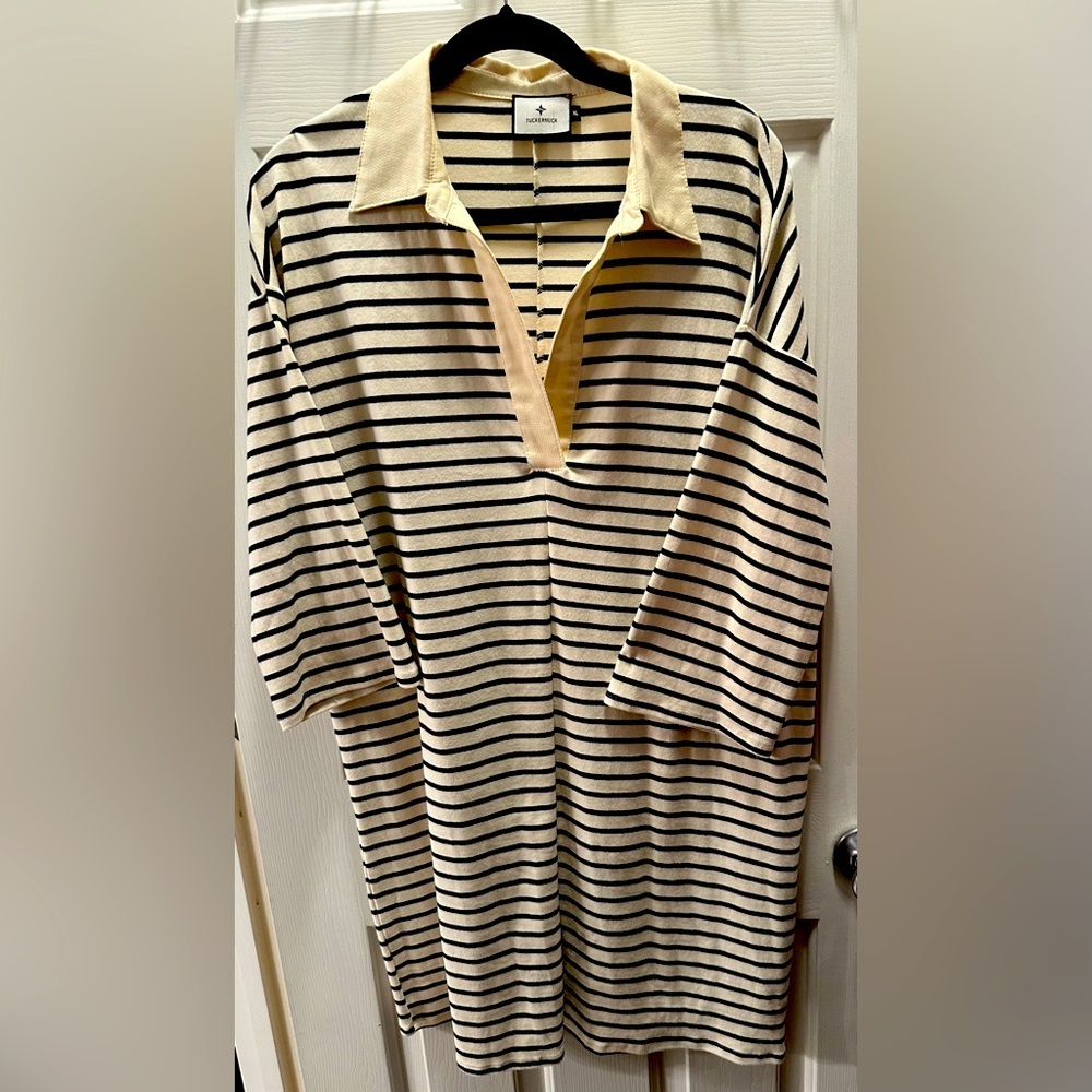 TUCKERNUCK Navy And White Stripe Ashton Cotton Knit Polo Dress‎